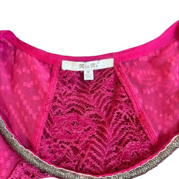Y2K VTG. MISS ME PINK LACE CROCHET SHEER BEADED TOP BLOUSE MEDIUM - Picture 8 of 8